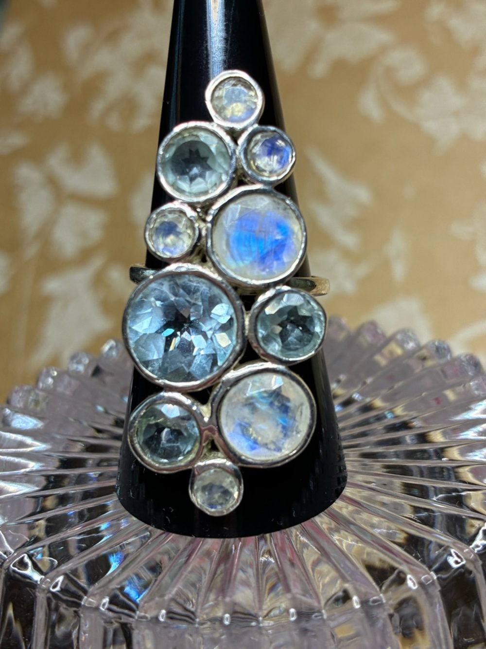 Sterling Silver Multi-Stone Blue Moonstone and Aquamarine Statement Ring Sz  8